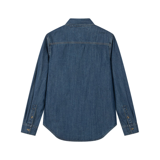 Arosris washed blue offshore crest denim shirt showcasing a classic fit, premium vintage wash, and signature nautical anchor chest pocket embroidery.