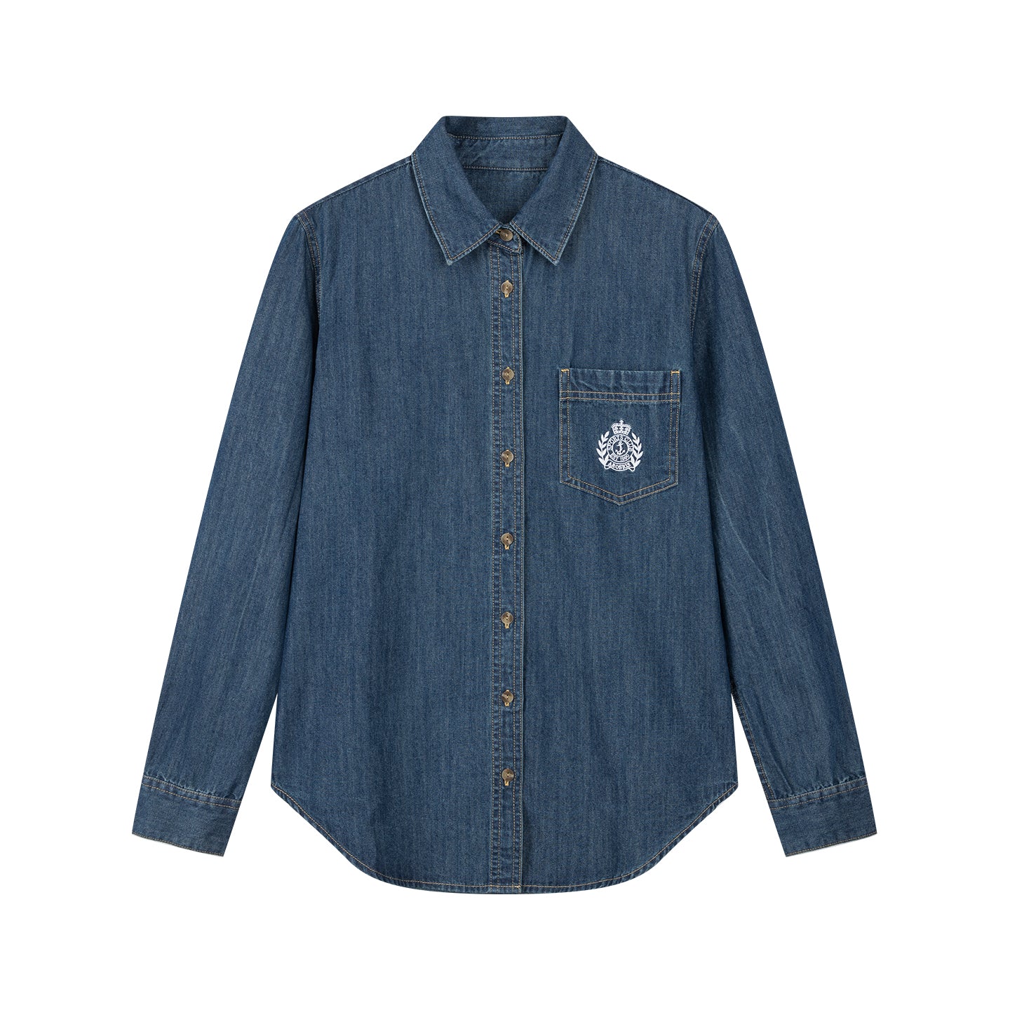 Arosris washed blue offshore crest denim shirt showcasing a classic fit, premium vintage wash, and signature nautical anchor chest pocket embroidery.