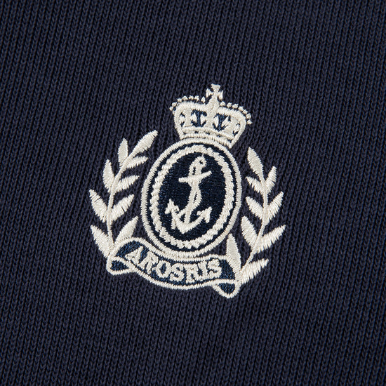 Arosris navy offshore crest shawl collar sweatshirt featuring a classic buttoned collar, premium cotton structure, and signature nautical anchor embroidery.