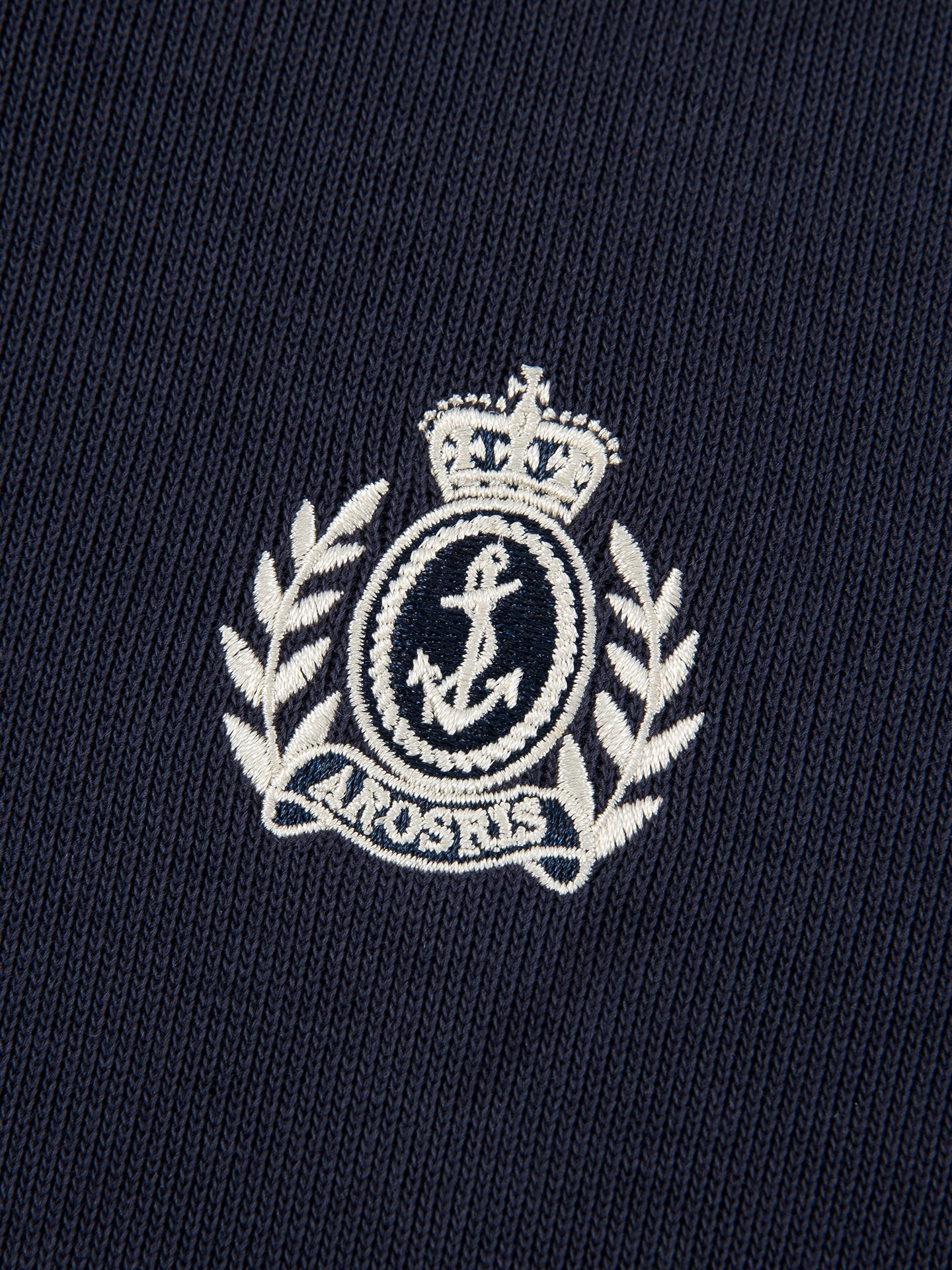 Arosris navy offshore crest shawl collar sweatshirt featuring a classic buttoned collar, premium cotton structure, and signature nautical anchor embroidery.