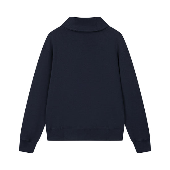 Arosris navy offshore crest shawl collar sweatshirt featuring a classic buttoned collar, premium cotton structure, and signature nautical anchor embroidery.