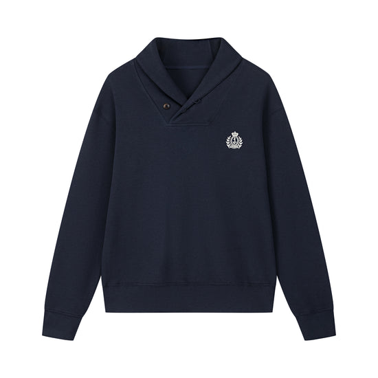 Arosris navy offshore crest shawl collar sweatshirt featuring a classic buttoned collar, premium cotton structure, and signature nautical anchor embroidery.