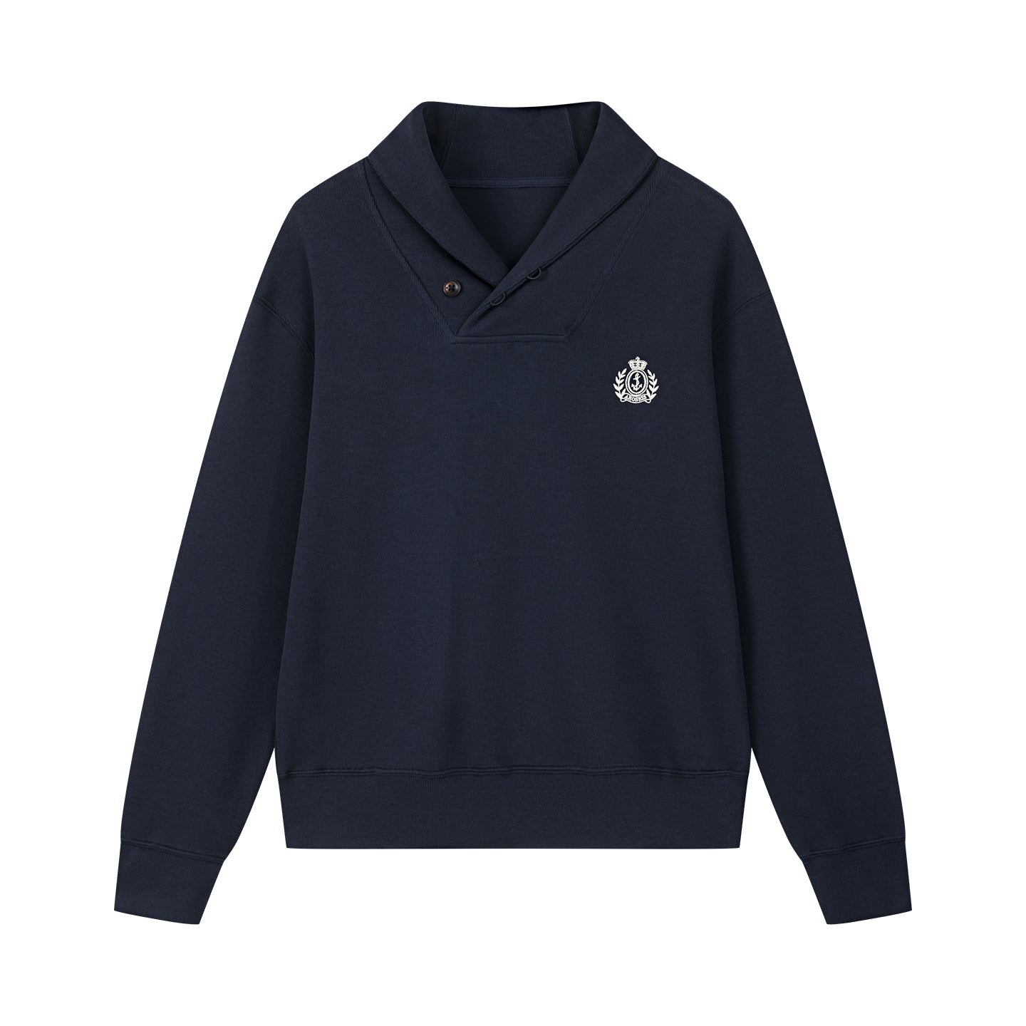 Arosris navy offshore crest shawl collar sweatshirt featuring a classic buttoned collar, premium cotton structure, and signature nautical anchor embroidery.
