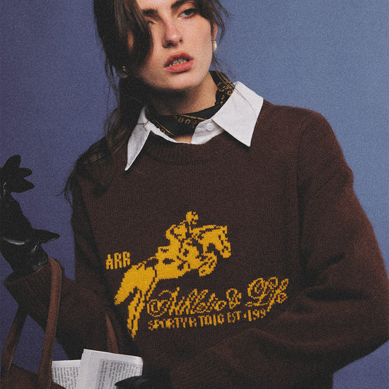 Arosris country saddle brown equestrian club cashmere sweater featuring a distinctive yellow vintage horse jacquard graphic on a premium knit texture, styled for an effortless 90s old money country estate aesthetic.