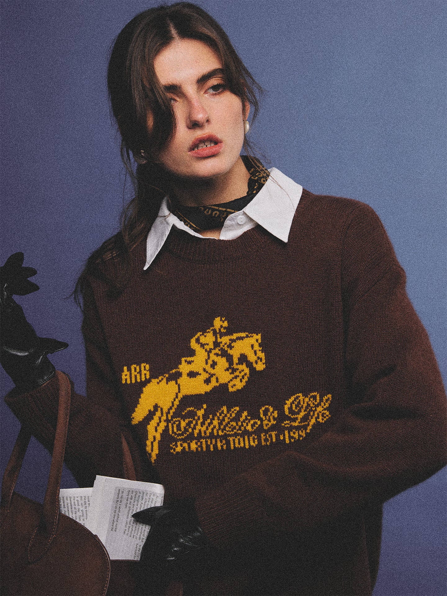 Arosris country saddle brown equestrian club cashmere sweater featuring a distinctive yellow vintage horse jacquard graphic on a premium knit texture, styled for an effortless 90s old money country estate aesthetic.