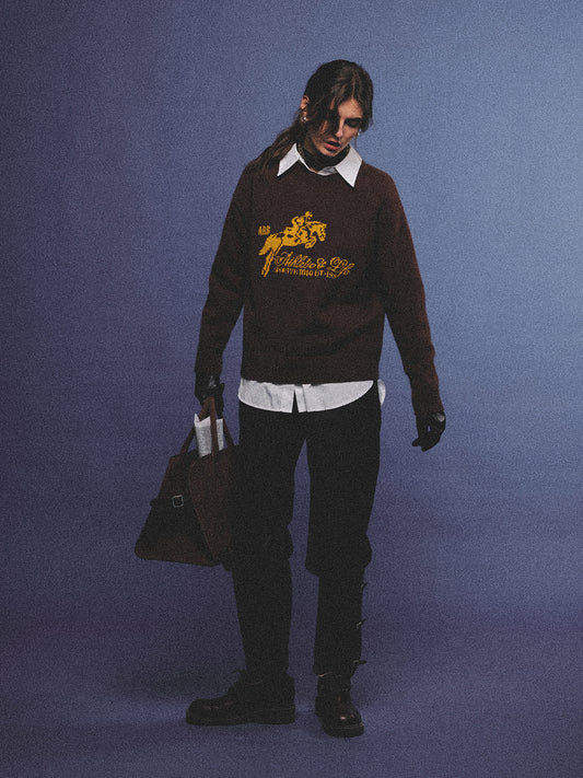 Arosris country saddle brown equestrian club cashmere sweater featuring a distinctive yellow vintage horse jacquard graphic on a premium knit texture, styled for an effortless 90s old money country estate aesthetic.