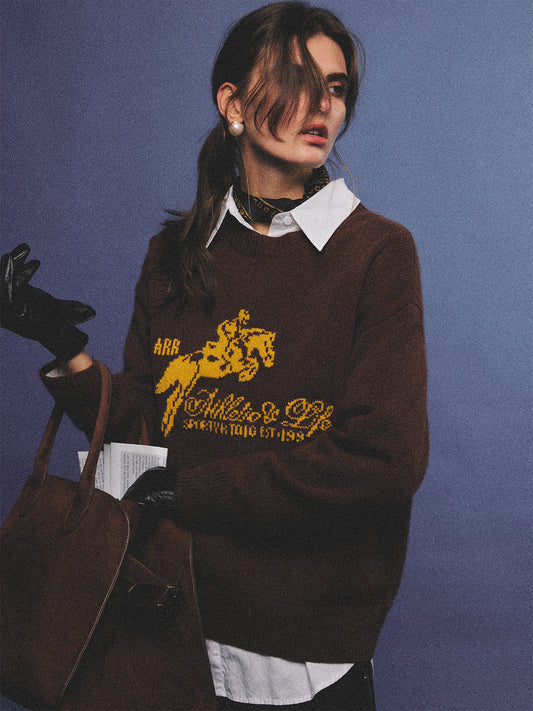 Arosris country saddle brown equestrian club cashmere sweater featuring a distinctive yellow vintage horse jacquard graphic on a premium knit texture, styled for an effortless 90s old money country estate aesthetic.