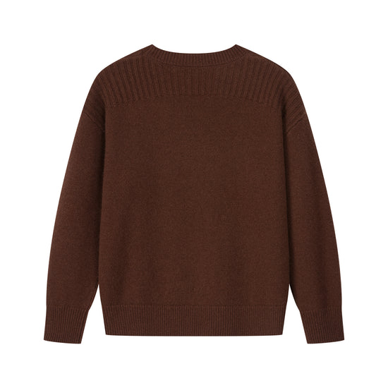 Arosris country saddle brown equestrian club cashmere sweater displayed from an angled flat lay view, showcasing the luxurious heavy-weight wool-cashmere blend and the structured preppy silhouette.