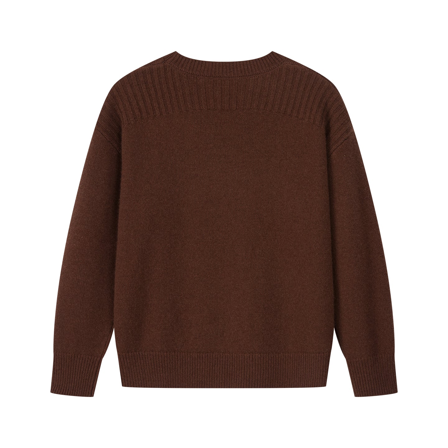 Arosris country saddle brown equestrian club cashmere sweater displayed from an angled flat lay view, showcasing the luxurious heavy-weight wool-cashmere blend and the structured preppy silhouette.
