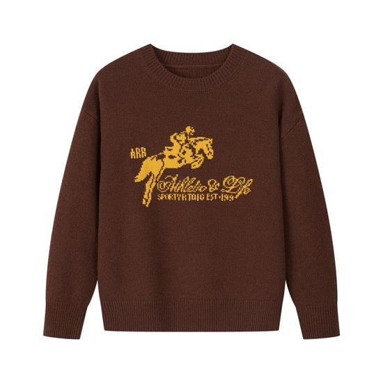 Arosris country saddle brown equestrian club cashmere sweater displayed from an angled flat lay view, showcasing the luxurious heavy-weight wool-cashmere blend and the structured preppy silhouette.