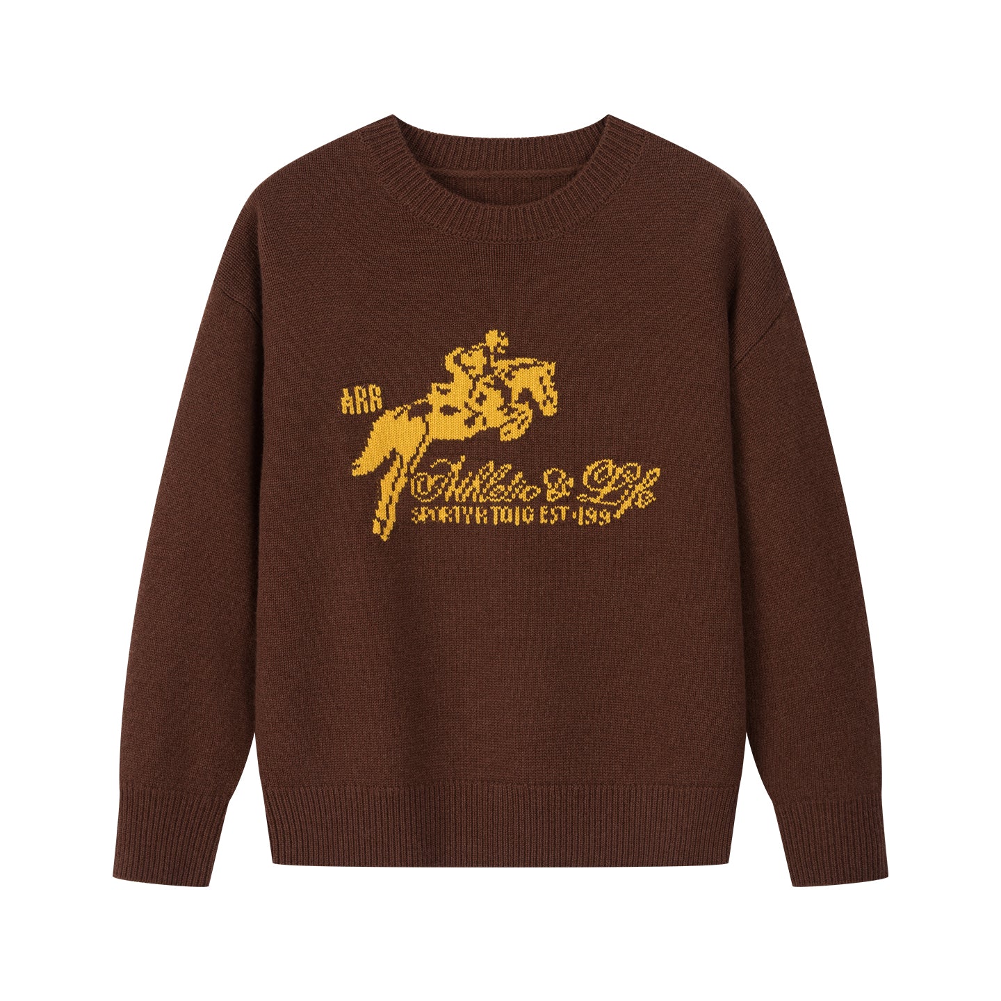 Arosris country saddle brown equestrian club cashmere sweater displayed from an angled flat lay view, showcasing the luxurious heavy-weight wool-cashmere blend and the structured preppy silhouette.