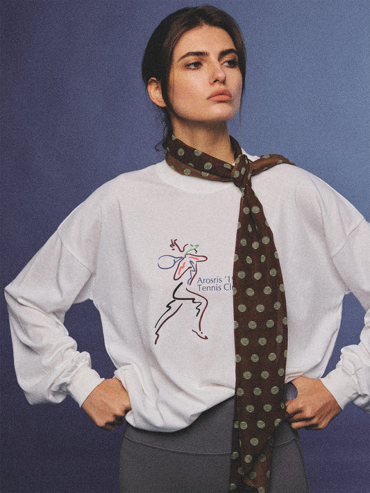 Arosris charcoal grey relaxed fit cotton t-shirt featuring a vintage 'ARR RIDING' equestrian horse graphic, styled on a model with wide-leg denim and a suede tote bag for an effortless 90s country club off-duty aesthetic.