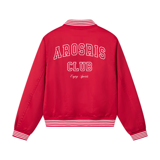 Arosris high-gloss satin padded bomber jacket featuring vintage club back embroidery, styled for an effortless 90s sporty-chic varsity aesthetic.