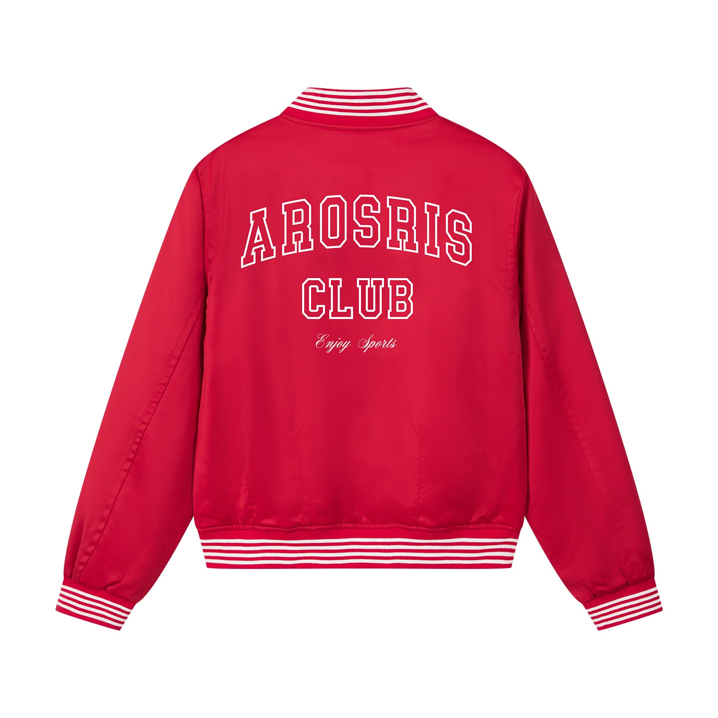 Arosris high-gloss satin padded bomber jacket featuring vintage club back embroidery, styled for an effortless 90s sporty-chic varsity aesthetic.
