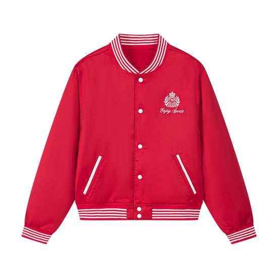 Arosris high-gloss satin padded bomber jacket featuring vintage club back embroidery, styled for an effortless 90s sporty-chic varsity aesthetic.