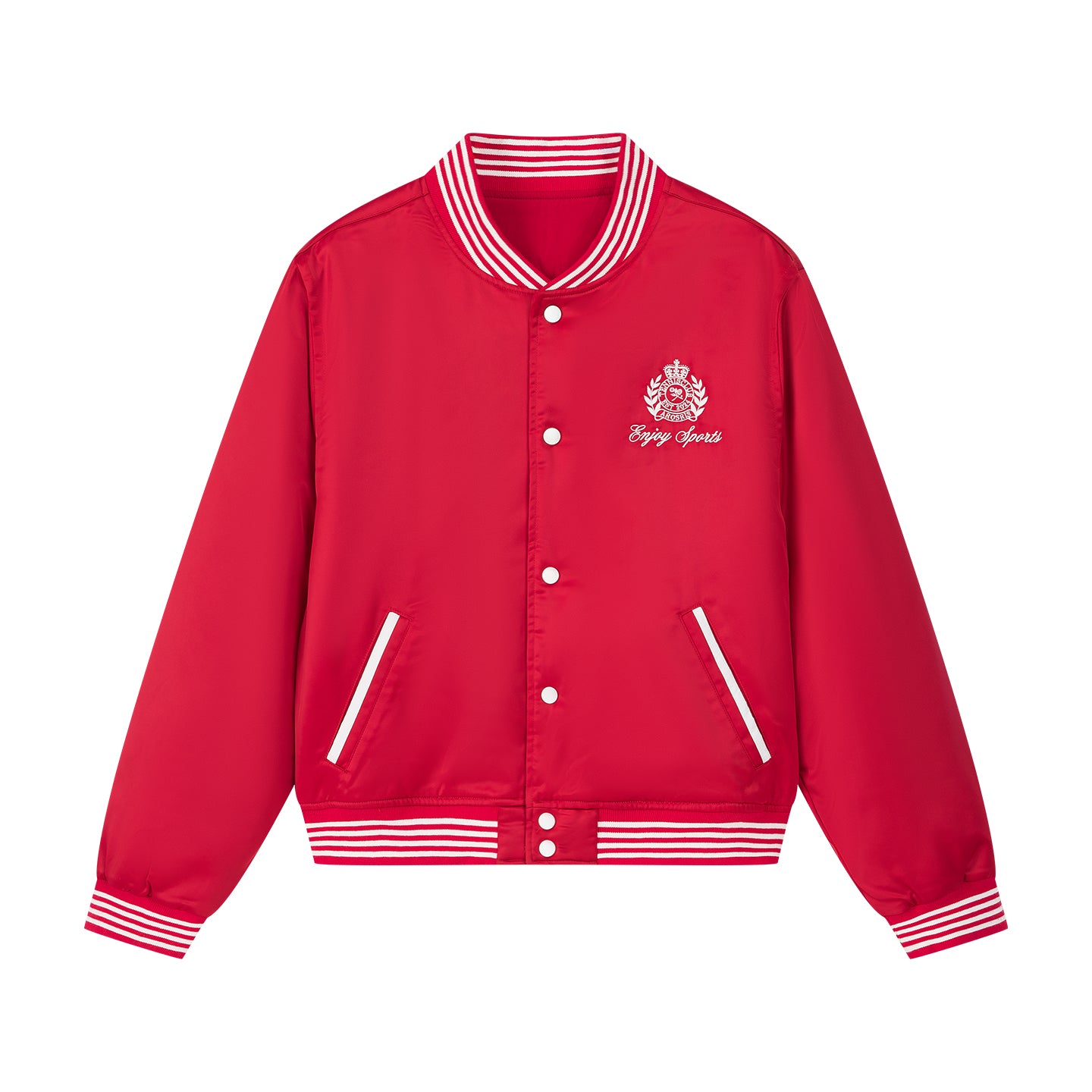 Arosris high-gloss satin padded bomber jacket featuring vintage club back embroidery, styled for an effortless 90s sporty-chic varsity aesthetic.