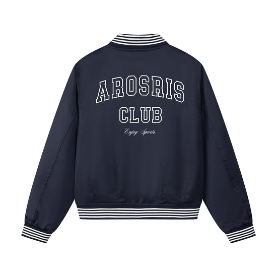 Arosris high-gloss satin padded bomber jacket featuring vintage club back embroidery, styled for an effortless 90s sporty-chic varsity aesthetic.