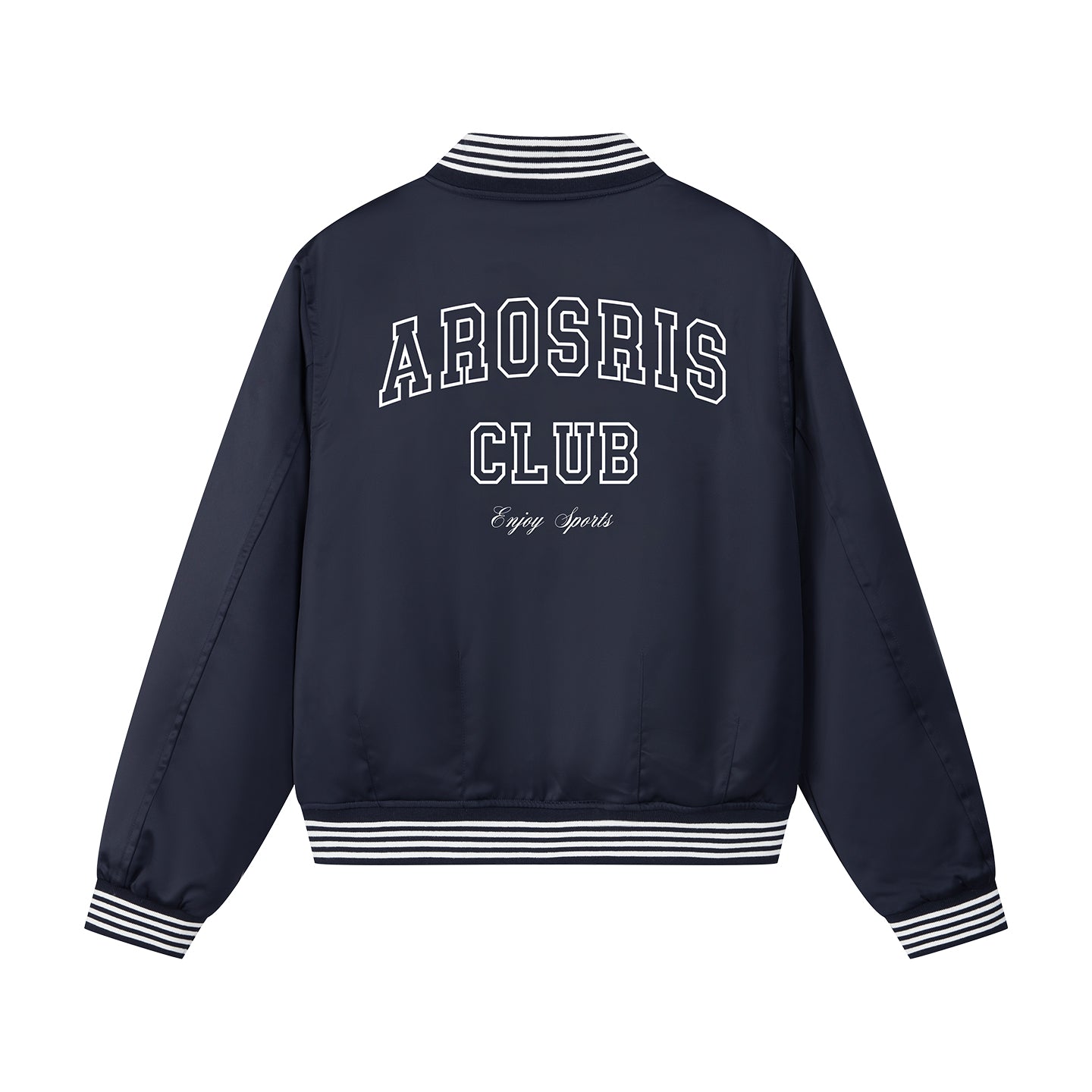 Arosris high-gloss satin padded bomber jacket featuring vintage club back embroidery, styled for an effortless 90s sporty-chic varsity aesthetic.