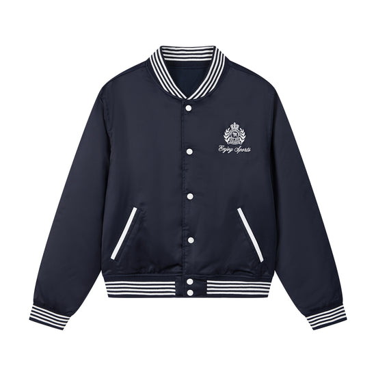 Arosris high-gloss satin padded bomber jacket featuring vintage club back embroidery, styled for an effortless 90s sporty-chic varsity aesthetic.