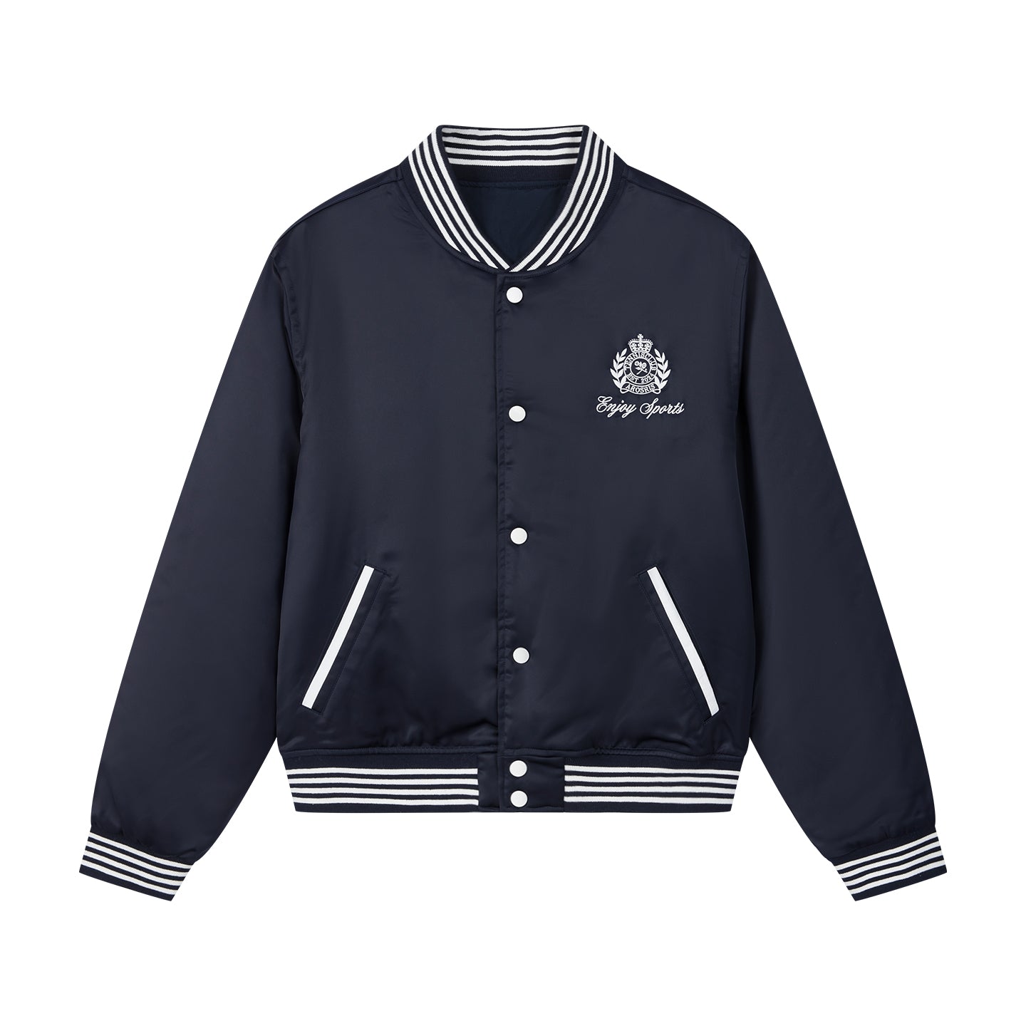 Arosris high-gloss satin padded bomber jacket featuring vintage club back embroidery, styled for an effortless 90s sporty-chic varsity aesthetic.