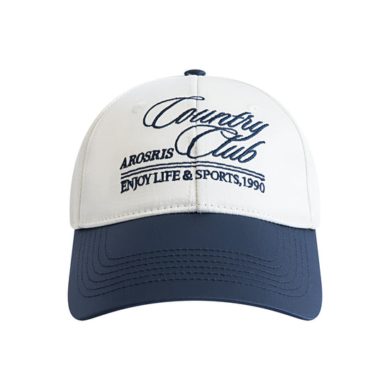 Arosris vintage-inspired lustrous satin color-block cap showcasing a classic structured fit, curved brim, and custom 'Country Club' script embroidery.