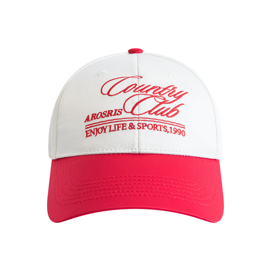 Arosris vintage-inspired lustrous satin color-block cap showcasing a classic structured fit, curved brim, and custom 'Country Club' script embroidery.