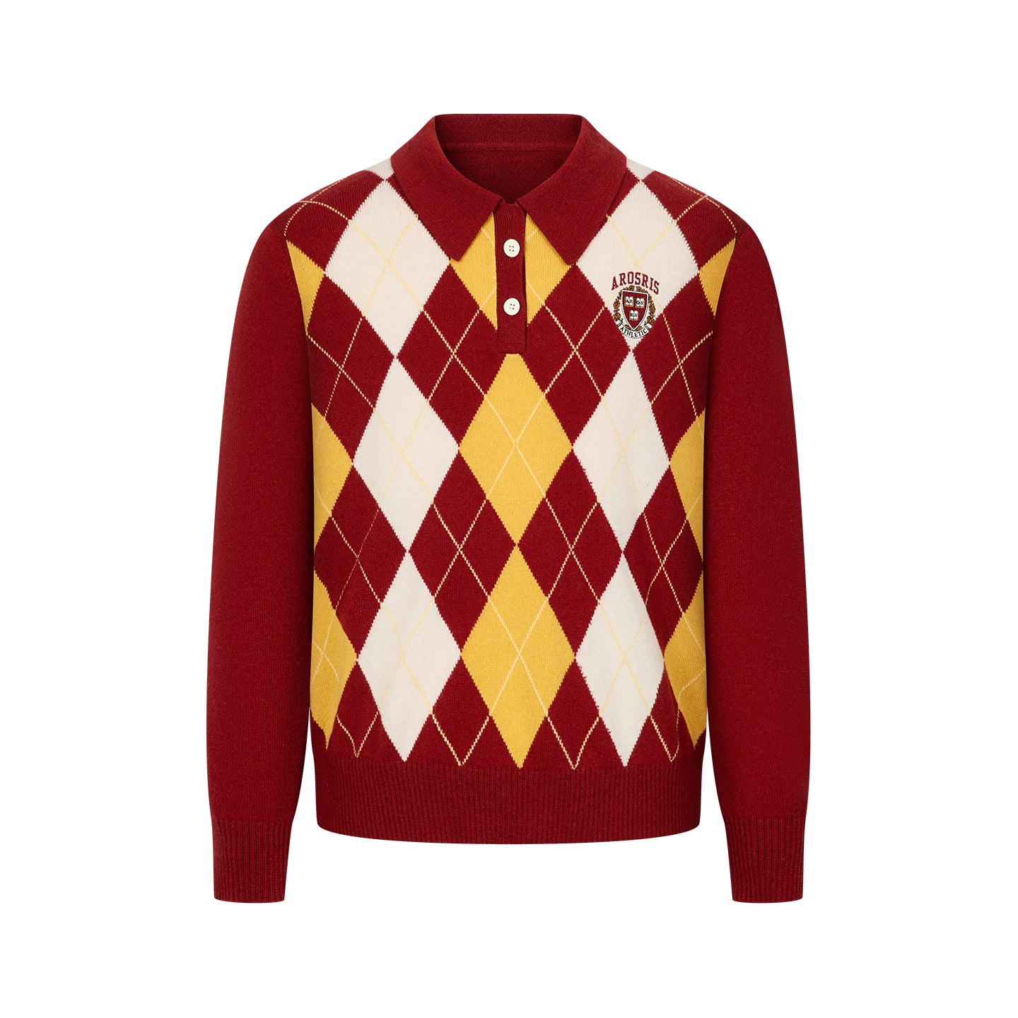 Part of The Ivy Archive. Master the 90s preppy aesthetic with our 100% sheep wool argyle polo sweater, featuring a classic collegiate pattern and crest embroidery.