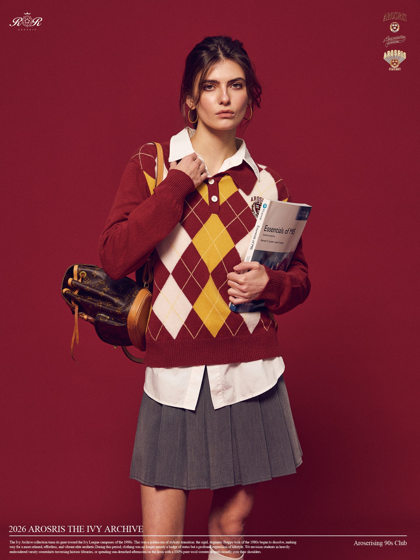 Part of The Ivy Archive. Master the 90s preppy aesthetic with our 100% sheep wool argyle polo sweater, featuring a classic collegiate pattern and crest embroidery.