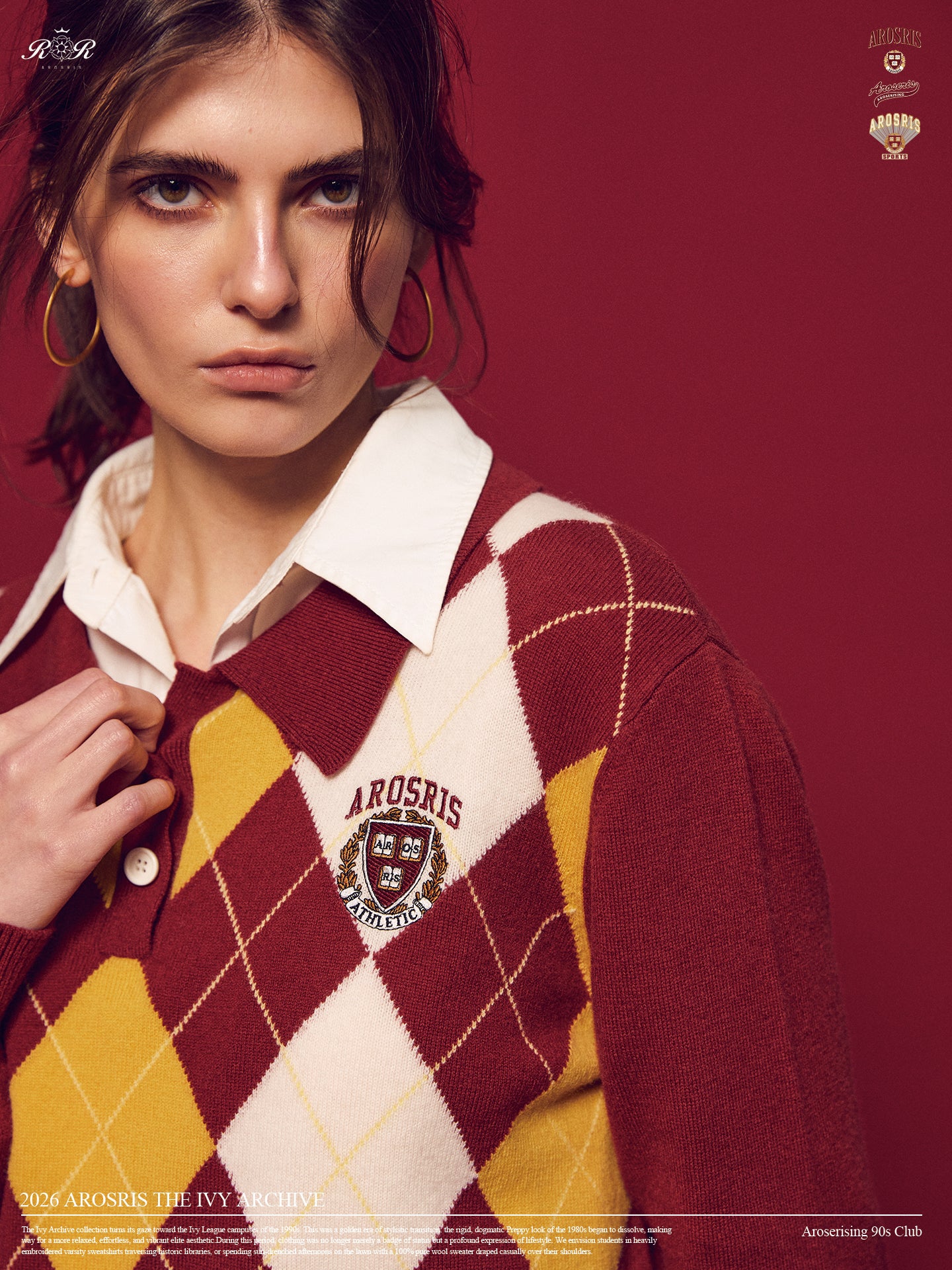 Part of The Ivy Archive. Master the 90s preppy aesthetic with our 100% sheep wool argyle polo sweater, featuring a classic collegiate pattern and crest embroidery.