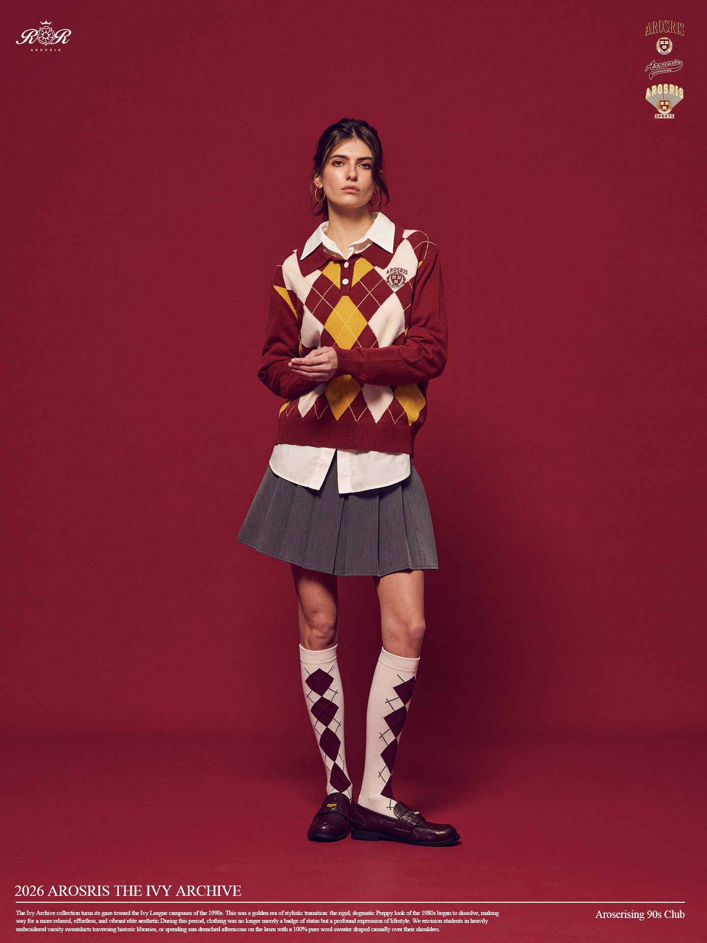 Part of The Ivy Archive. Master the 90s preppy aesthetic with our 100% sheep wool argyle polo sweater, featuring a classic collegiate pattern and crest embroidery.