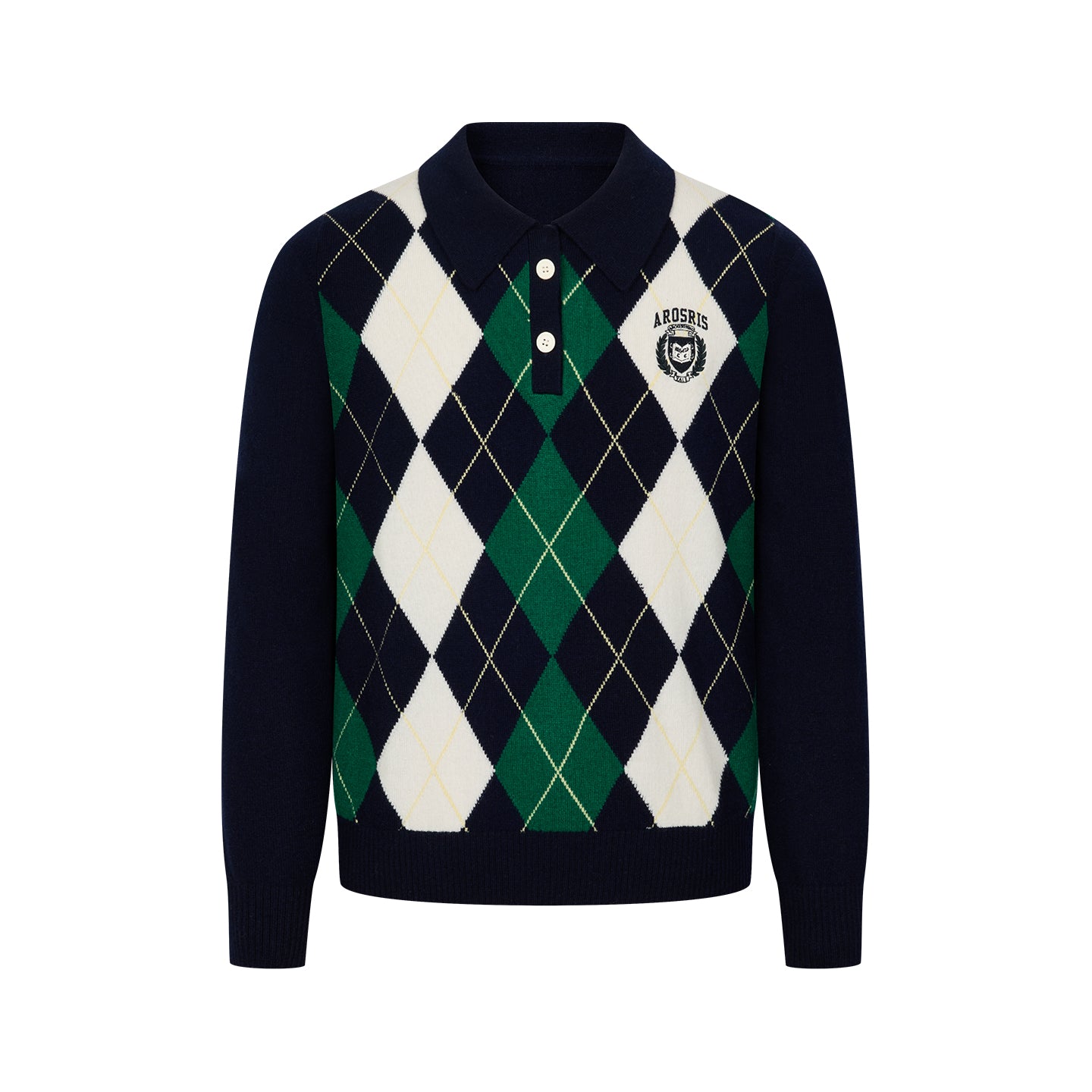 Part of The Ivy Archive. Master the 90s preppy aesthetic with our 100% sheep wool argyle polo sweater, featuring a classic collegiate pattern and crest embroidery.