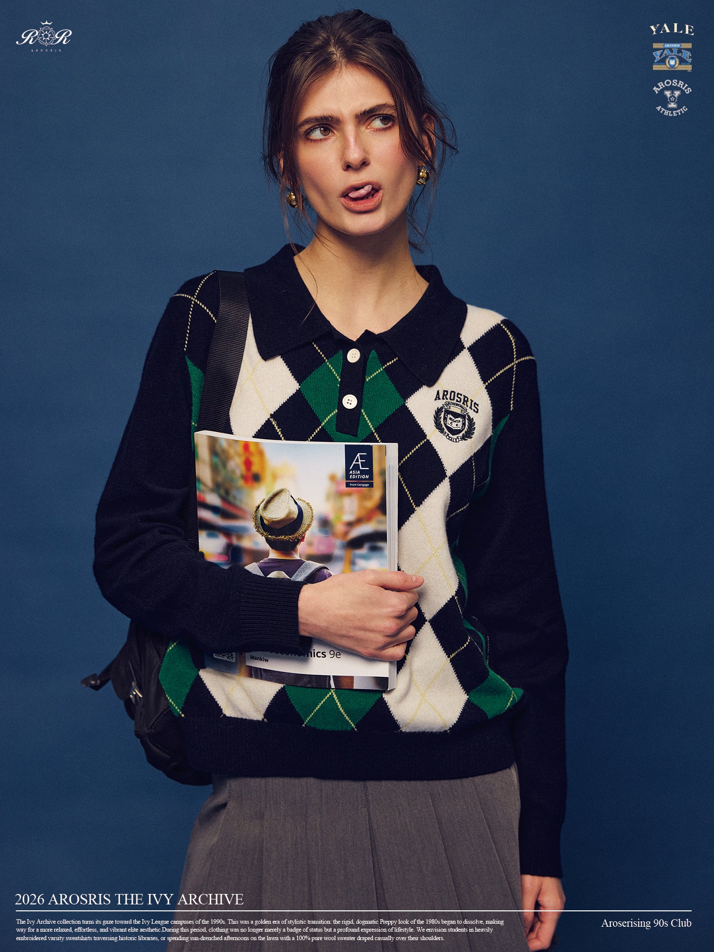 Part of The Ivy Archive. Master the 90s preppy aesthetic with our 100% sheep wool argyle polo sweater, featuring a classic collegiate pattern and crest embroidery.