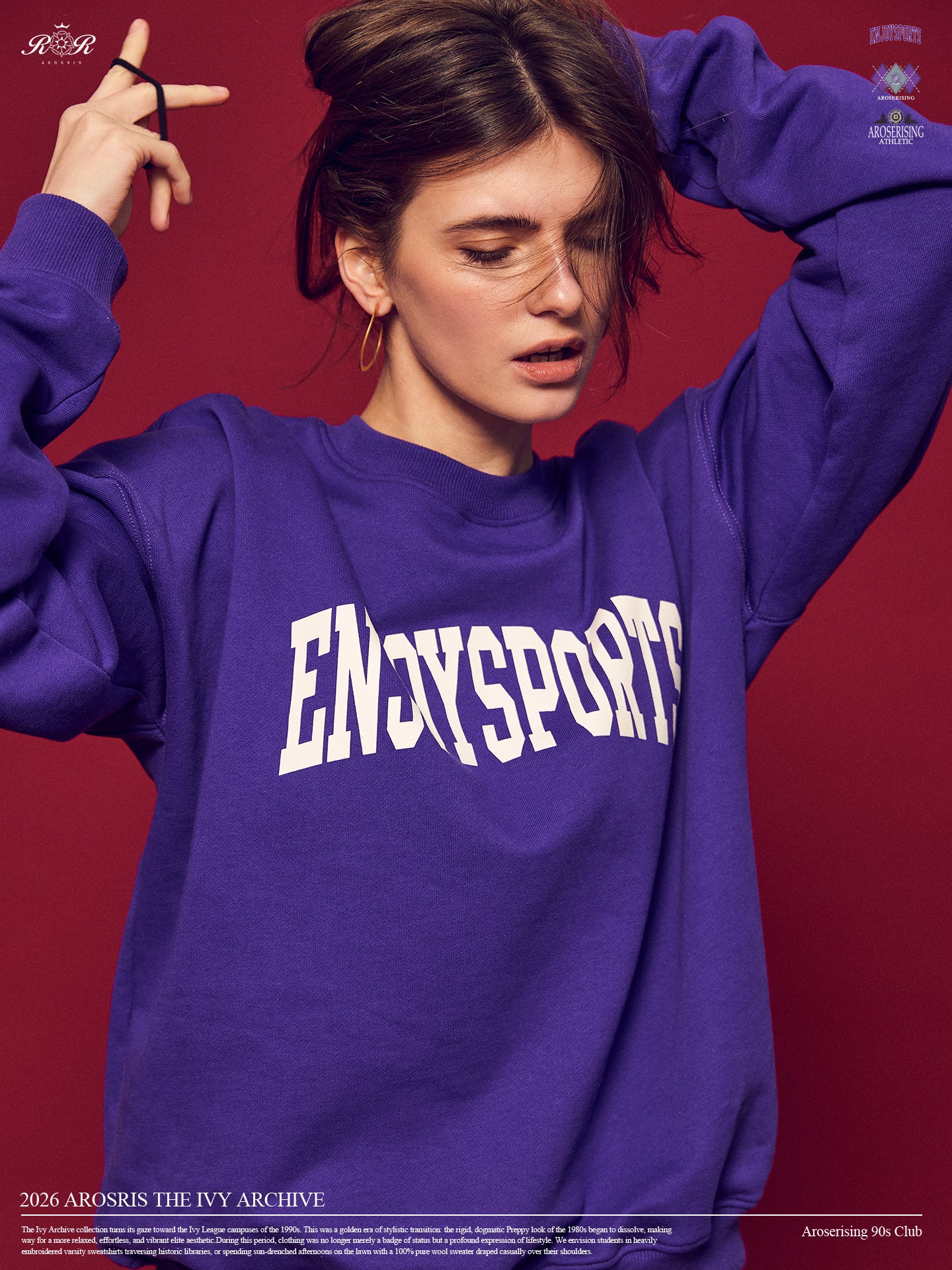 Arosris Ivy Archive Enjoy Sports crewneck sweatshirt in purple, styled with white shorts, sneakers, and a basketball for an effortless 90s off-duty street style look.