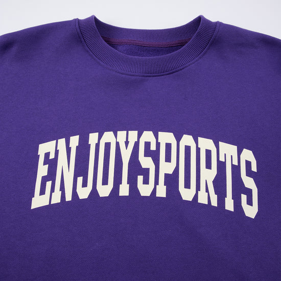 Arosris Ivy Archive Enjoy Sports crewneck sweatshirt in purple, showing the classic crew neckline and the vintage collegiate arch print.