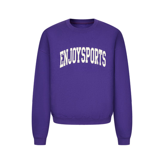 Arosris Ivy Archive Enjoy Sports crewneck sweatshirt in purple, showing the classic crew neckline and the vintage collegiate arch print.
