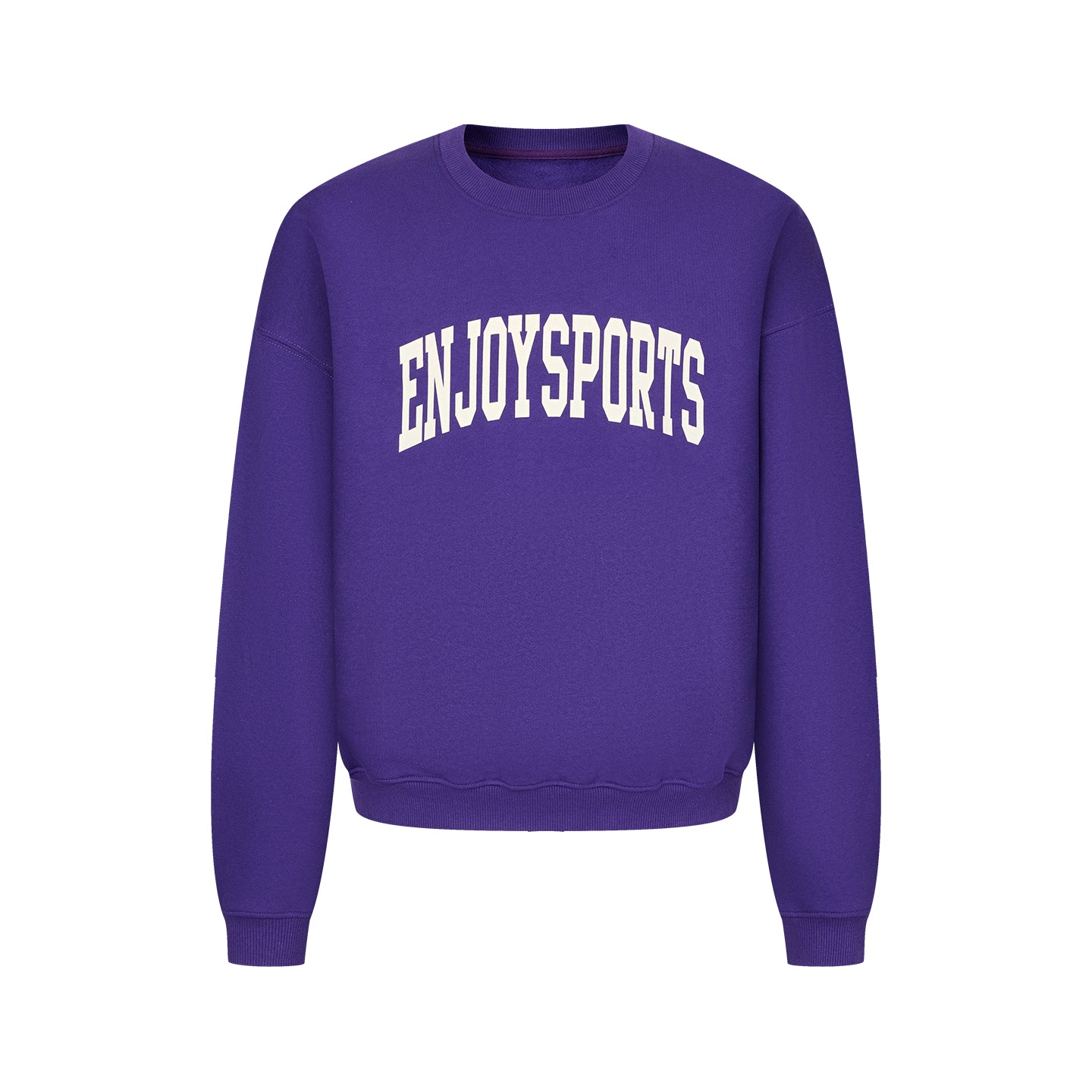 Arosris Ivy Archive Enjoy Sports crewneck sweatshirt in purple, showing the classic crew neckline and the vintage collegiate arch print.