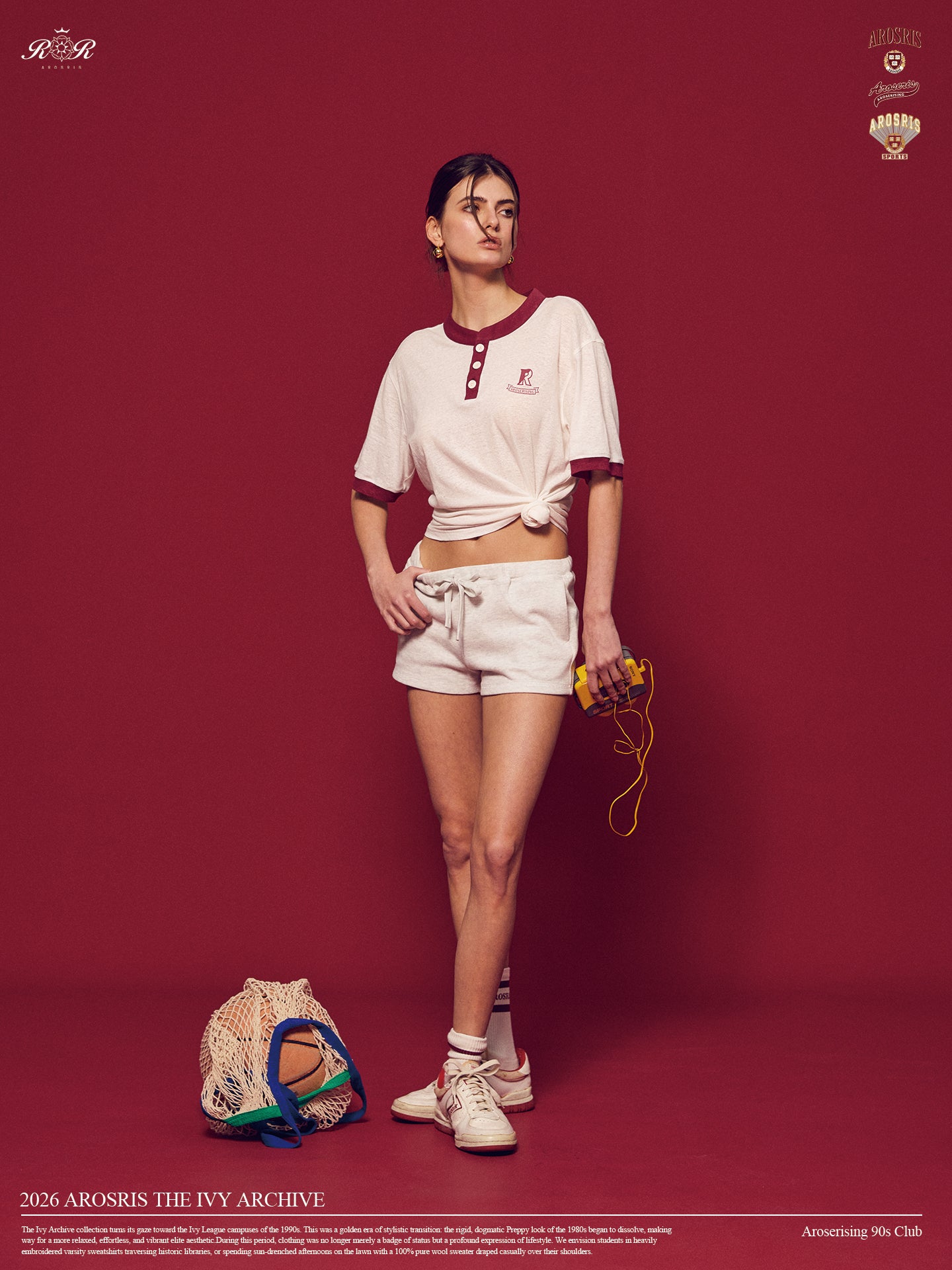 Arosris Ivy Archive high-rise varsity shorts featuring a 3-inch inseam and thick drawstring, elegantly styled on a model for an effortless 90s collegiate and sporty rich aesthetic.
