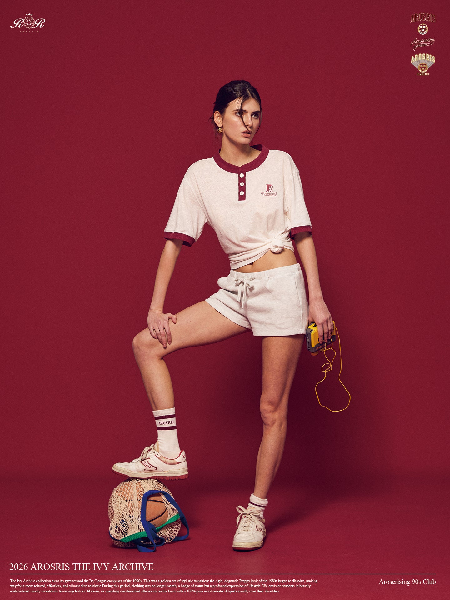 Arosris Ivy Archive high-rise varsity shorts featuring a 3-inch inseam and thick drawstring, elegantly styled on a model for an effortless 90s collegiate and sporty rich aesthetic.