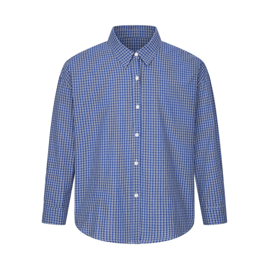 Arosris Ivy Archive oversized plaid shirt in blue, showing the collar design, button details, and 100% cotton fabric texture.