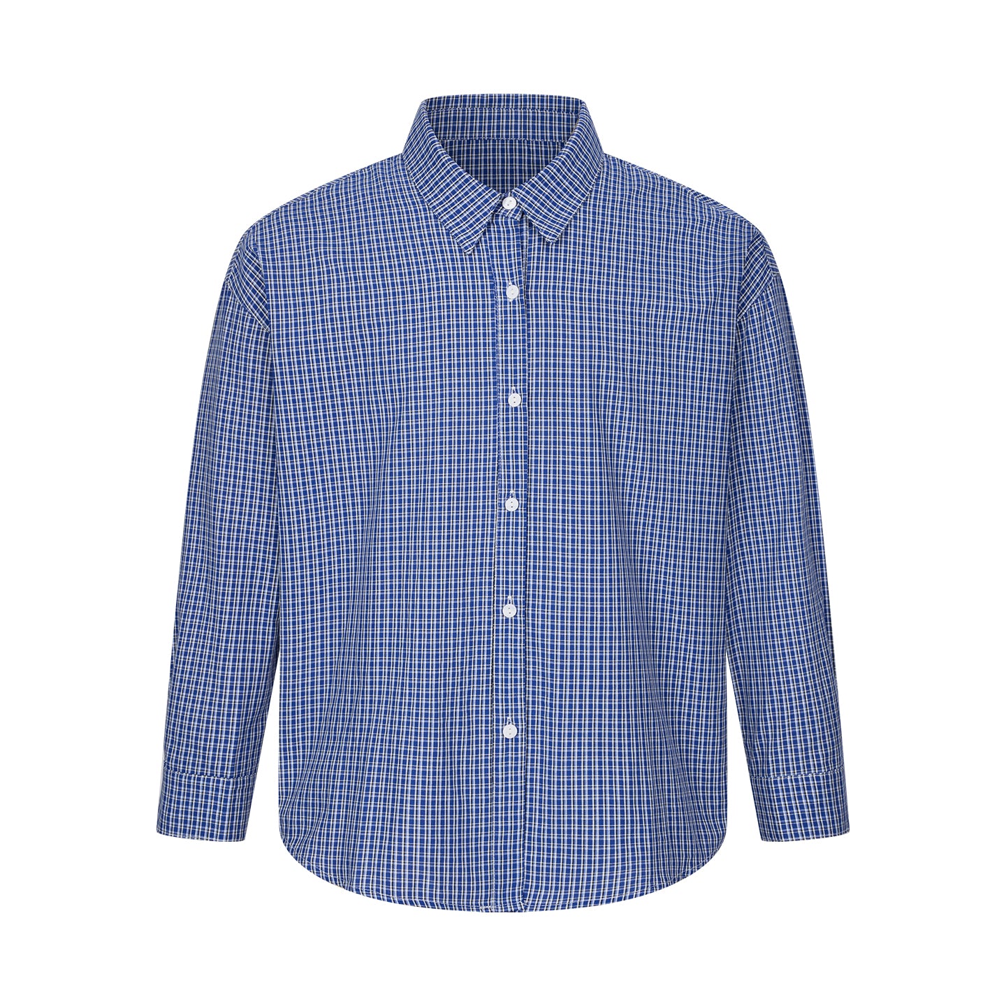 Arosris Ivy Archive oversized plaid shirt in blue, showing the collar design, button details, and 100% cotton fabric texture.