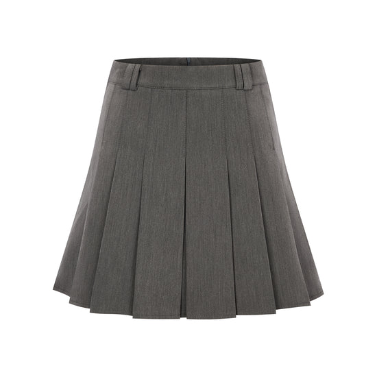 Arosris Ivy Archive pleated mini skirt in grey, showing the crisp knife-pleats, concealed side zipper, and structured fabric texture.
