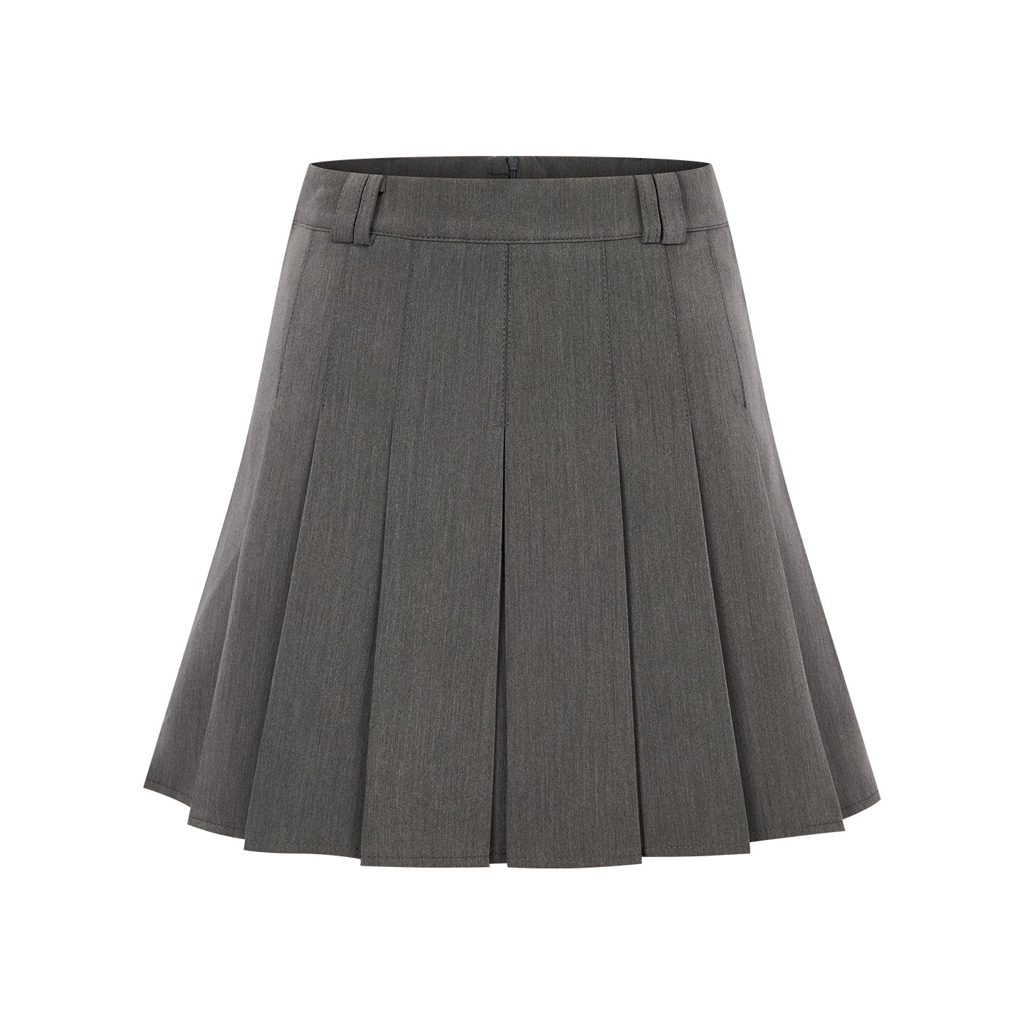 Arosris Ivy Archive pleated mini skirt in grey, showing the crisp knife-pleats, concealed side zipper, and structured fabric texture.
