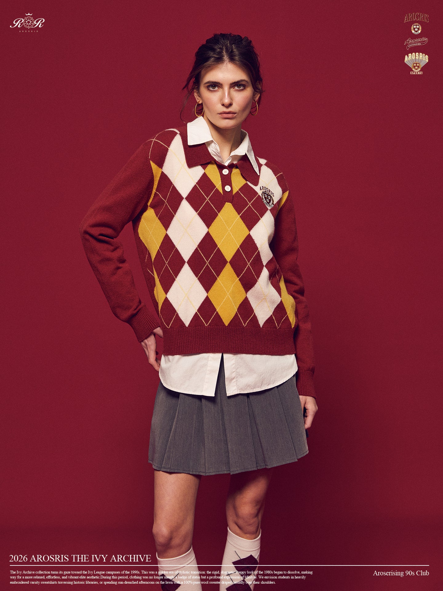 Arosris Ivy Archive pleated mini skirt in grey, styled with classic collegiate knitwear and shirting for an effortless 90s preppy look.