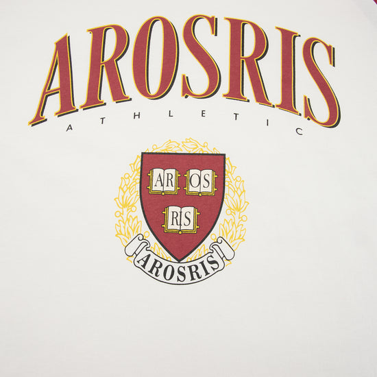 Arosris Ivy Archive collegiate raglan long sleeve in red, showing the vintage AROSRIS arch logo graphic, contrast raglan sleeves, and 100% cotton fabric texture.
