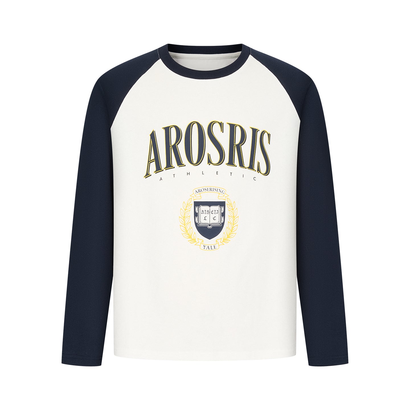 Arosris Ivy Archive collegiate raglan long sleeve in navy, styled with sweatpants and a retro Walkman for an effortless 90s vintage varsity look.