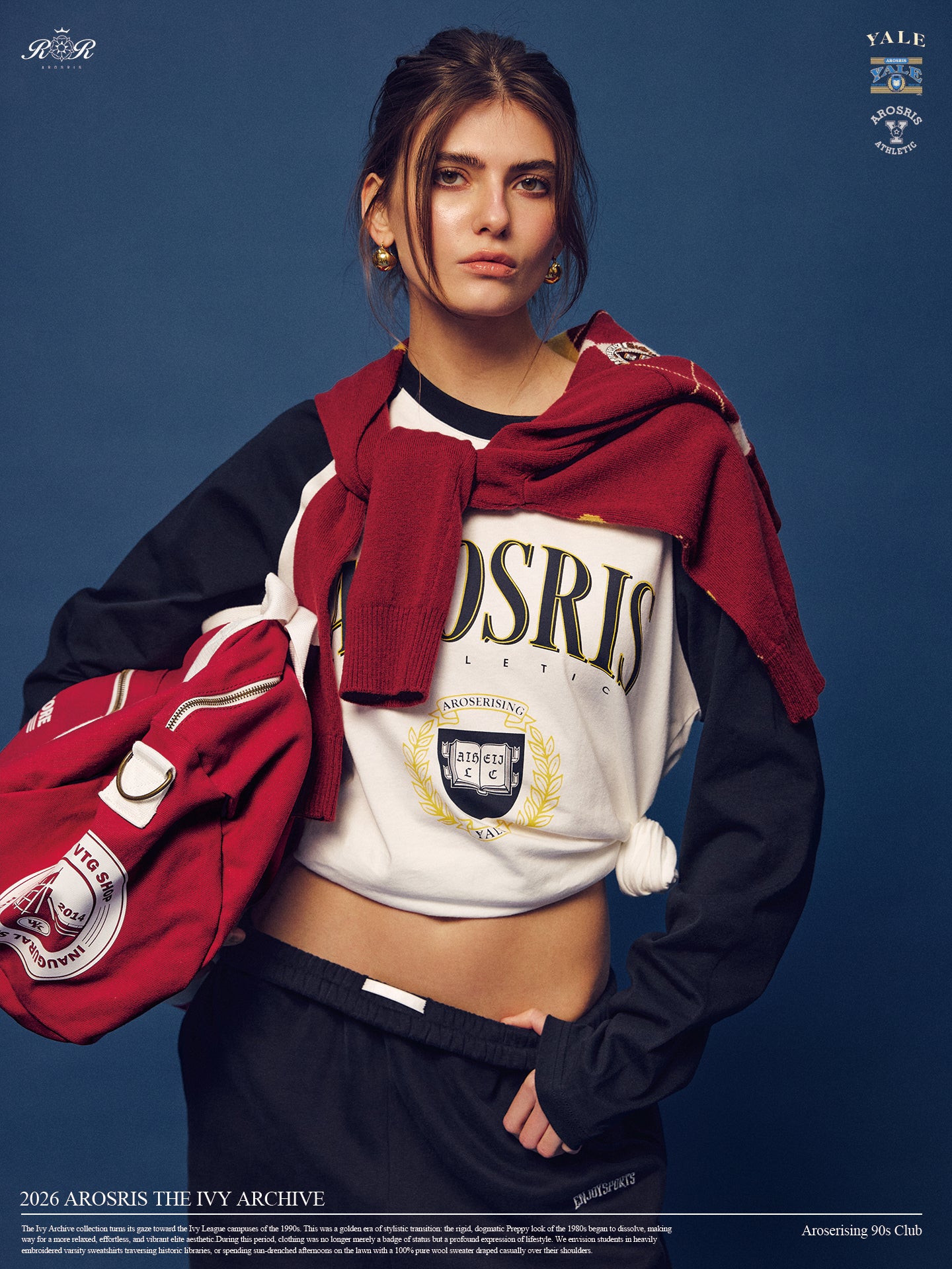 Arosris Ivy Archive collegiate raglan long sleeve in navy, styled with sweatpants and a retro Walkman for an effortless 90s vintage varsity look.