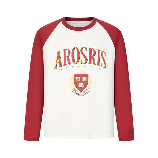 Arosris Ivy Archive collegiate raglan long sleeve in red, showing the vintage AROSRIS arch logo graphic, contrast raglan sleeves, and 100% cotton fabric texture.