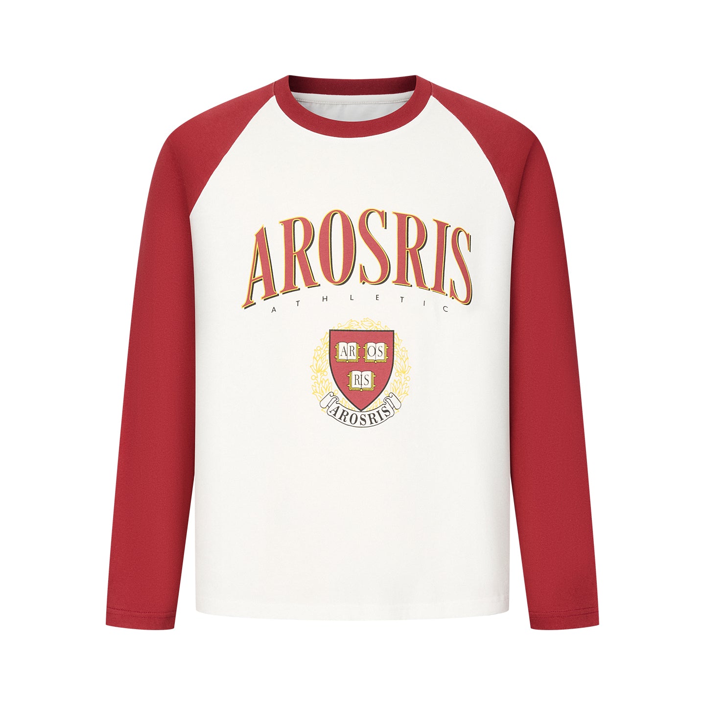 Arosris Ivy Archive collegiate raglan long sleeve in red, showing the vintage AROSRIS arch logo graphic, contrast raglan sleeves, and 100% cotton fabric texture.
