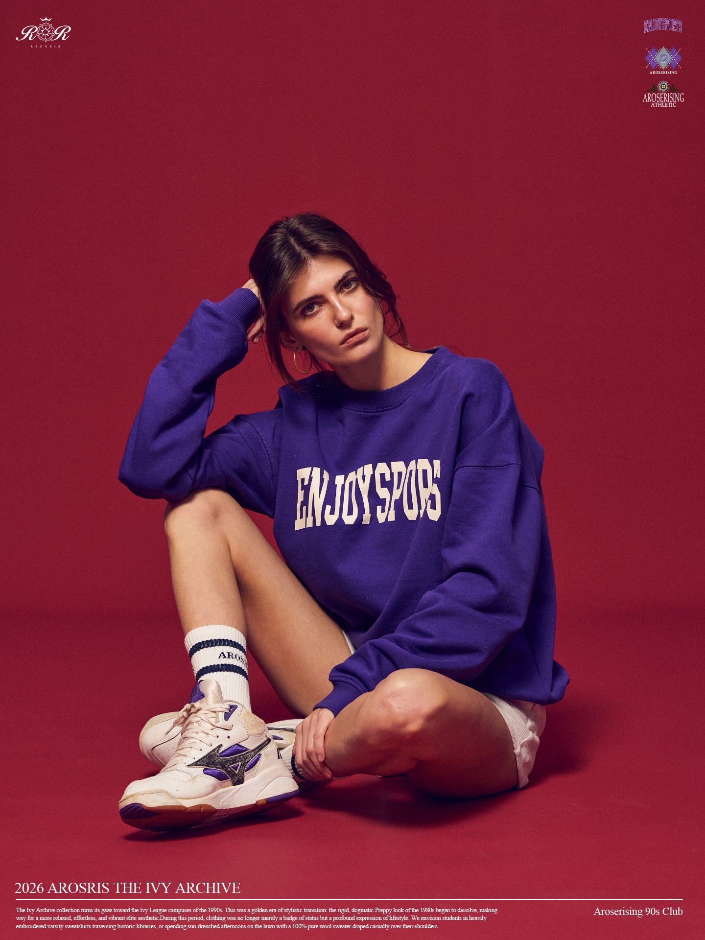 Arosris Ivy Archive Enjoy Sports crewneck sweatshirt in purple, styled with white shorts, sneakers, and a basketball for an effortless 90s off-duty street style look.