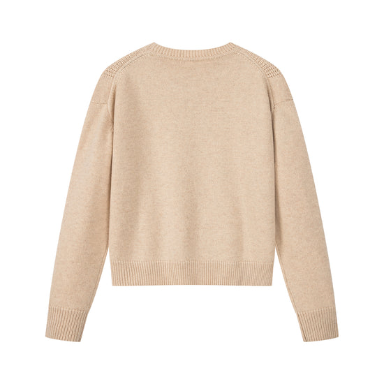 Arosris greige modern chic cashmere chunky knit sweater showcasing its luxurious 30% cashmere blend texture, saddle shoulder design, and architectural boxy silhouette.